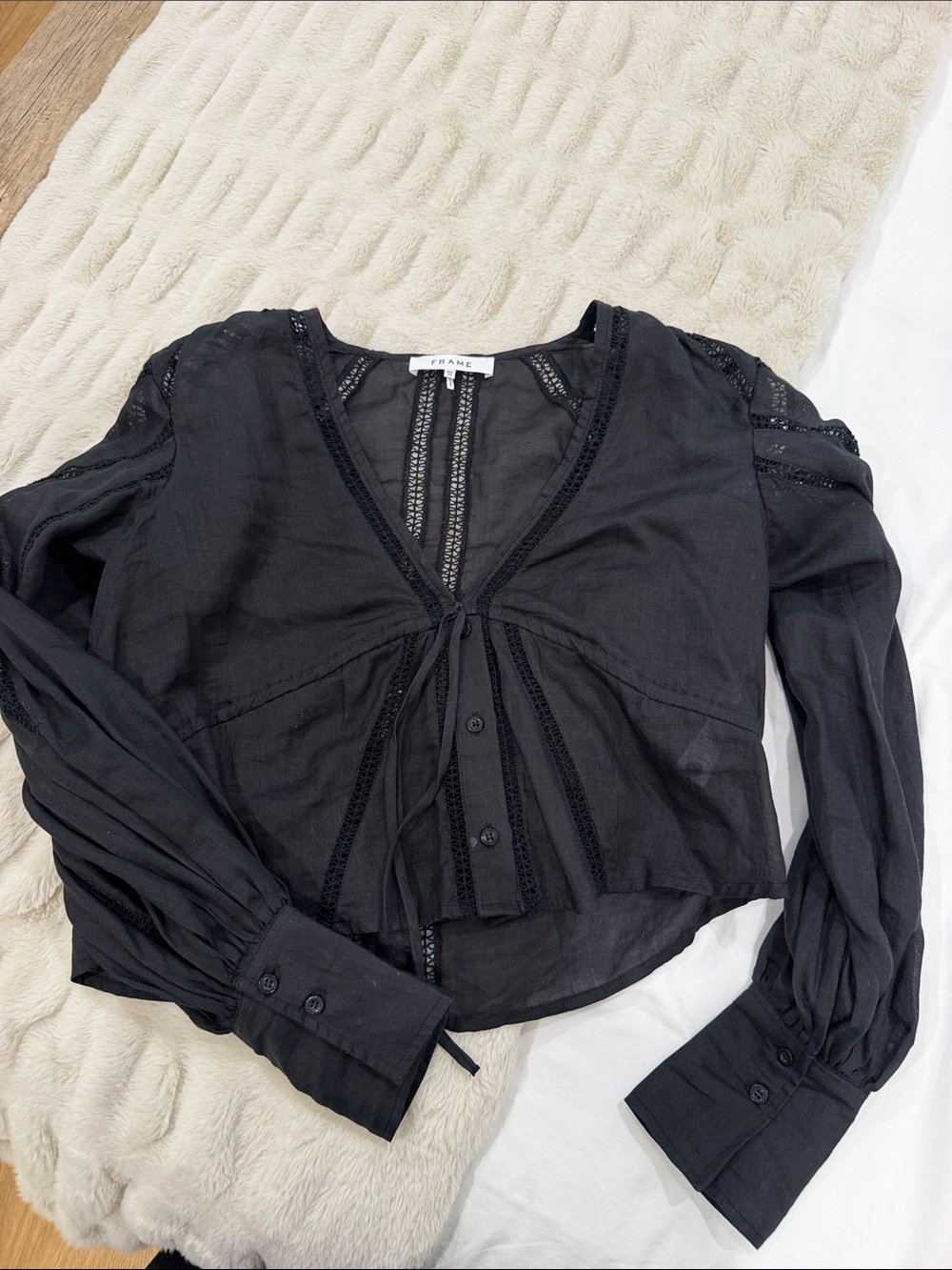 Frame Denim Black V-Neck Crochet-Trim Tie Blouse